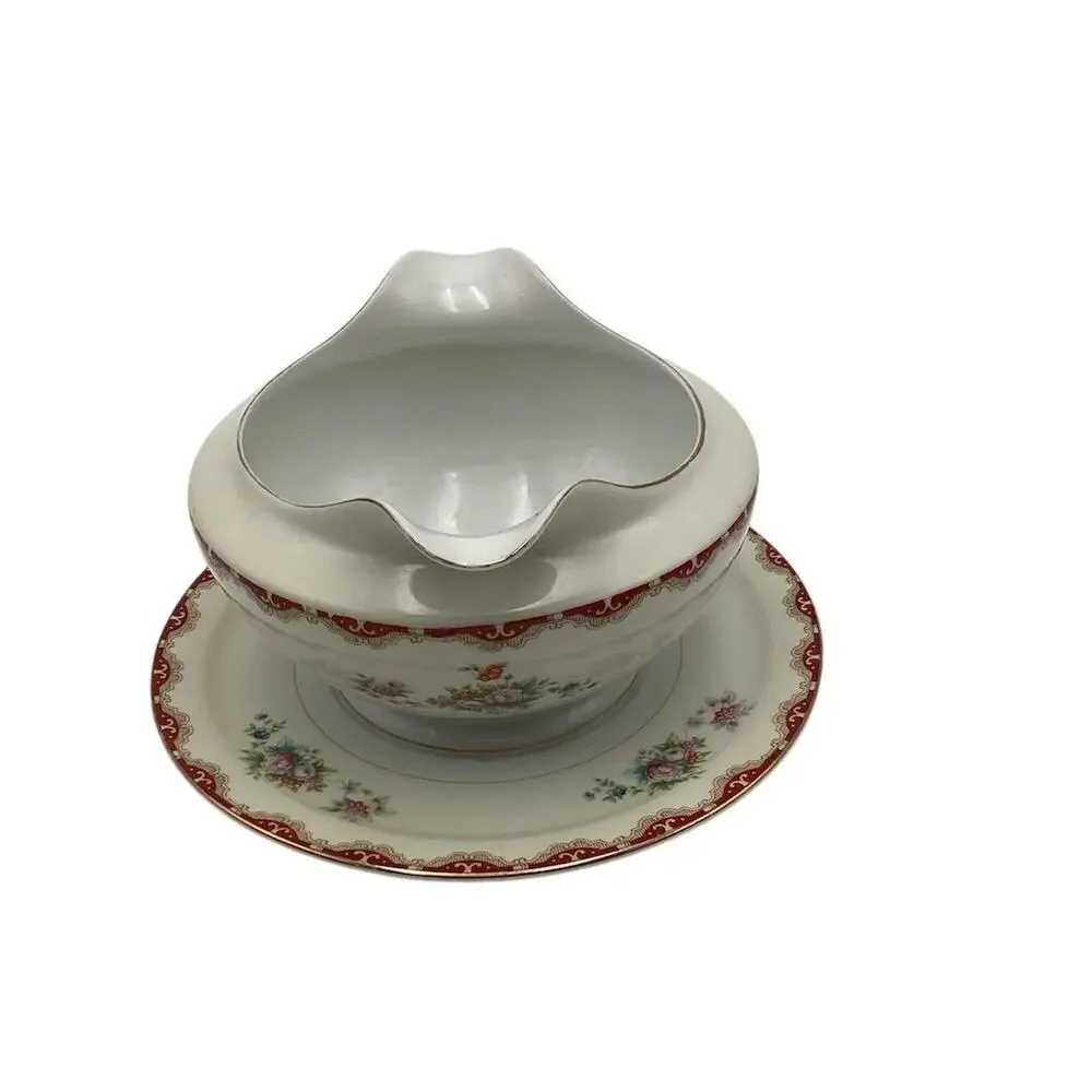 Vintage Rutland Pattern Porcelain Gravy Boat with Attached Under Plate‎